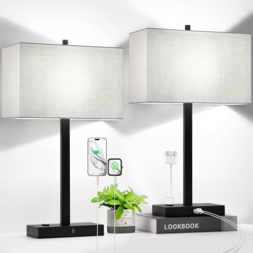 Lynnoland Set of 2 Touch Control Table Lamps with 2 USB & AC Outlet, 3-Way Dimmable Bedside Nightstand Lamps for Bedroom Living Room Nursery, 800 Lumens 5000K Daylight Bulbs Included - color: Gray Linen & Matte Black