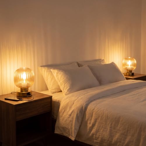 Elenhome Touch Small Table Lamp,Elegant Gold Glass Bedside Lamp 3 Way Dimmable with USB C+A Charging Ports - Bedroom Nightstand & Living Room Essential, 4W Bulb Included (Gold) - color: Gold