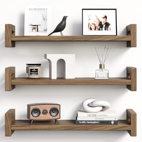 Solid Wood Floating Shelf, 16" Wall Shelf for Room, Rustic Walnut, 3 Pack - color: Walnut Brown, size: 16 inch