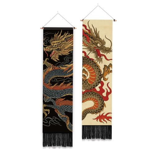 PLIGREAT 2 Pack Dragon Totem Wall Tapestry, Japanese Style Wall Hanging with Tassels Chinese Vintage Aesthetic Vertical Tapestry for Bedroom Living Room Home Decorations, 52 x 13 Inch - color: red,blue