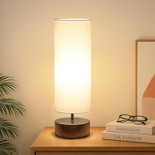 Touch Table Lamp, 3-Way Dimmable Bedside Lamp with Cylinder Fabric Shade - color: White Shade with Black Nickel Base