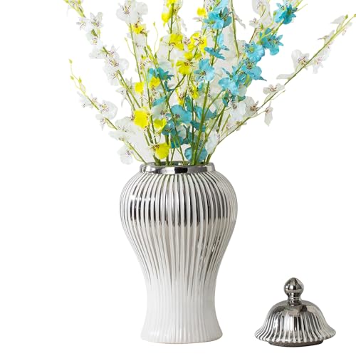 Ginger Jars for Home Decor, 9in Ceramic Ginger Jar with Lid Modern Handmade White and Silvery Vase, Modern Decorative vase for Kitchen, Bookshelf Decor, Storage jar, Table Center Vase, Temple jar - color: White and Gold-1, size: 9 inch
