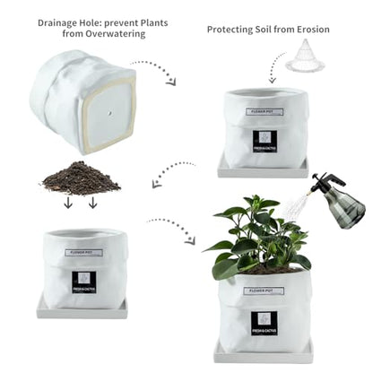 Nihow 6 Inch Ceramic Plant Pot with Drainage & Square Saucer, White - color: White, size: 6 Inch