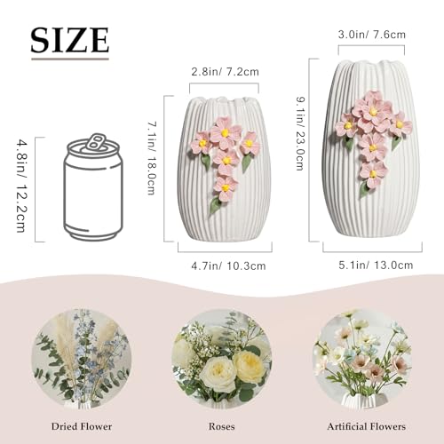 Ceramic Flower Vase,White Modern Vase for Pampas Grass, 9 Inch - color: White and Pink, size: 9 inch