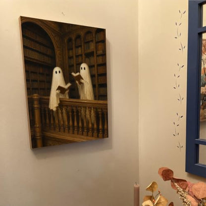 Halloween Wall Art Framed Canvas Print Ghost Reading Books Poster - color: Q