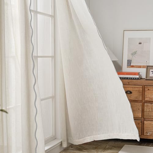 DriftAway Semi Sheer Scalloped Edge Linen Coastal Beach Window Curtains for Living Room Bedroom 2 Panels Rod Pocket Each Size 52 Inch by 90 Inch Gray - color: Linen Gray, size: 52"W x 90"L (Pack of 2)