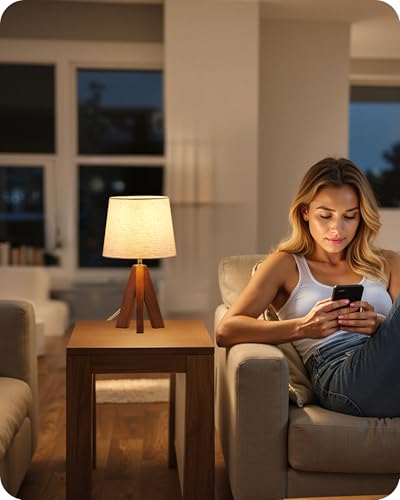 Tripod Table Lamps Set of 2, Small Bedside Lamps, Modern Nightstand Lamp with Dark Pearwood Base & Beige Shade, Boho Desk Light for Bedroom, Kids Room, Living Room, Office, Study, LE51TLP205 - color: 2Pack Beige+Pearwood