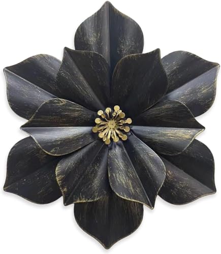 Metal Flower Wall Sculpture,12.5" Black Grey Rustic Modern Floral Artwork - color: 01C-Black