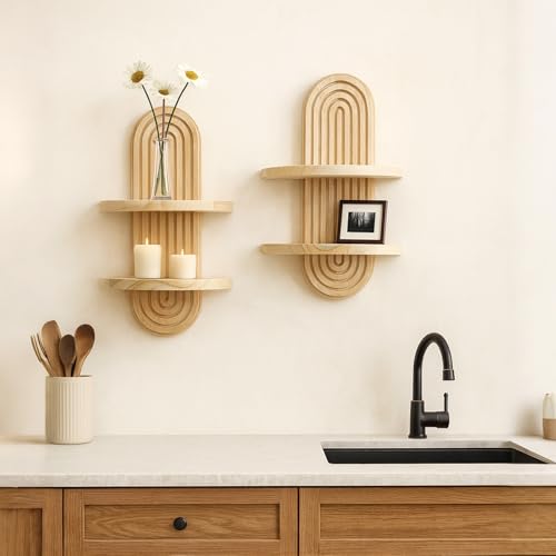 Artilady Boho Shelf Wall Decor, Solid Wood Floating Shelves Srorage Display - color: Beige B