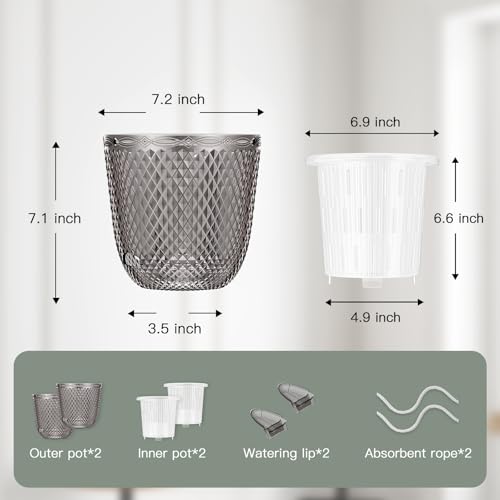 QCQHDU 2 Pack Self Watering Pots, 7.2 Inch, with Drainage Holes, Gray - color: Gray, size: 7.2in