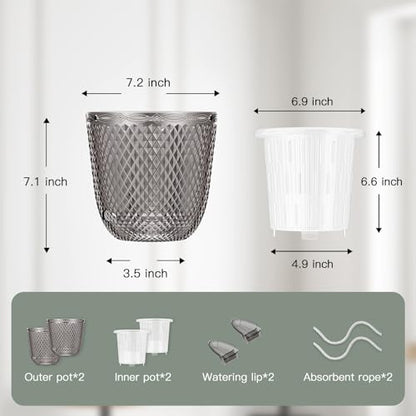 QCQHDU 2 Pack Self Watering Pots, 7.2 Inch, with Drainage Holes, Gray - color: Gray, size: 7.2in
