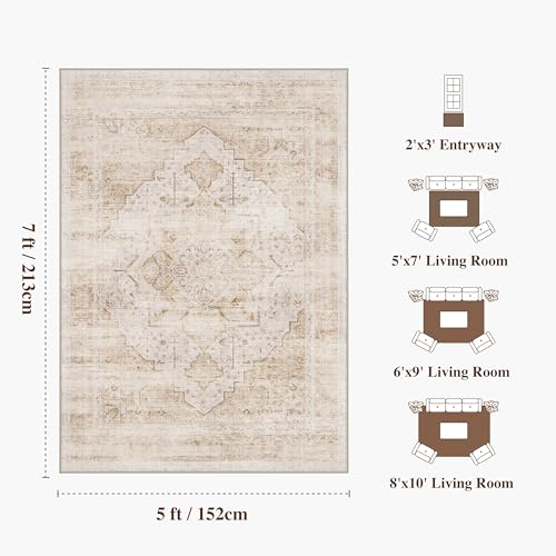 5x7 Washable Vintage Area Rug - Distressed Medallion Rugs Non-Slip Soft Stain Resistant Carpets for Living Room Bedroom Playroom Dining Room Office, Beige - color: Light Brown, size: 5' x 7' (Rectangular)