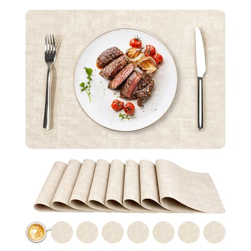 NCUE Vinyl Placemats Set of 8, 17"x12" Wipeable Place Mats with Coasters - color: Beige, size: Set of 8