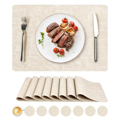 NCUE Vinyl Placemats Set of 8, 17"x12" Wipeable Place Mats with Coasters - color: Beige, size: Set of 8