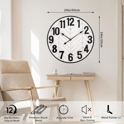 24 Inch Large Wall Clock, Rustic Wooden Farmhouse Wall Clock with Black Metal Frame, Battery Operated Non-Ticking Silent Wall Clocks for Living Room, Kitchen, Bedroom (Whitewashed) - color: Whitewashed, size: 24 Inches