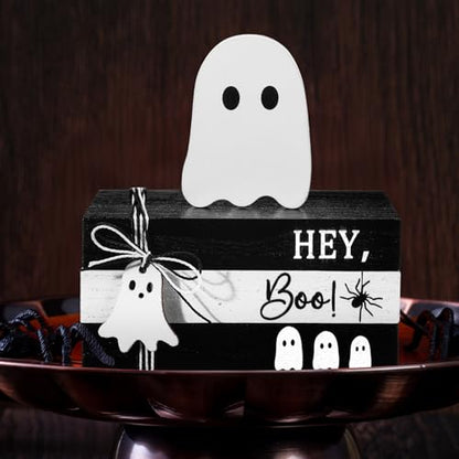 GlikCeil 4 Pcs Halloween Ghost Table Decorations Spooky Wooden Signs,White - color: Black and White