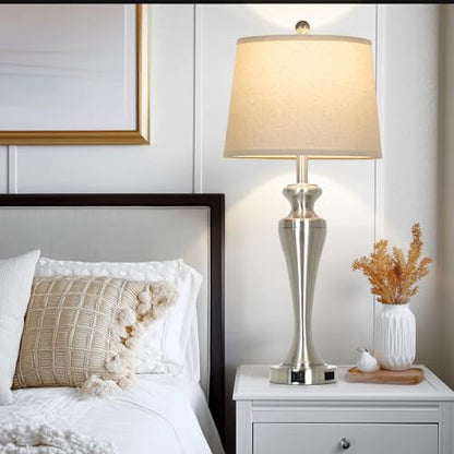 30" Silver Table Lamps Set of 2, 3-Way Dimmable Touch Living Room Lamp with USB A+C Ports and AC Outlet, Modern Brushed Nickel Bedroom Lamps, Tall Metal Bedside Lamp for Nightstand Side Table - color: Silver