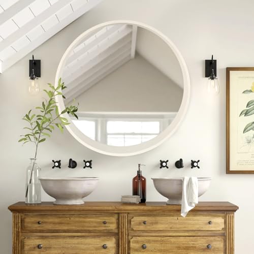 Round Oak Solid Wood Mirror, 24-Inch, White Narrow-Top Wide-Bottom Frame, Modern Decorative Makeup Mirror for Bathroom, Bedroom, Living Room(White, 24" x 24") - color: White(wide-bottom)