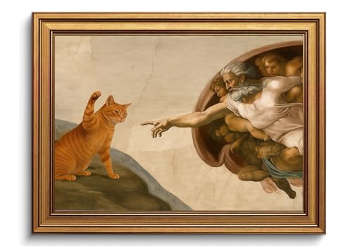 Vintage Gold Framed Cat Wall Art Eclectic Cat and God Canvas Art Prints - color: Cat and God, size: 12"x16"