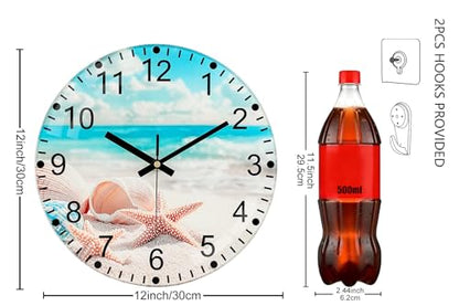 12 Inch Thick Glass Wall Clock - Wall Clocks Battery Operated with Unique Exclusive Beach Shell Design Silent Non Ticking Analog Clock for Bedroom, Living Room, Office, Classroom, Bathroom - color: Blue White, size: 12 Inch