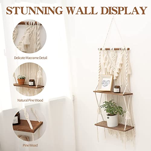 2-Tier Macrame Wall Hanging Shelf & Boho Decor, Wooden Floating Shelves - size: Large