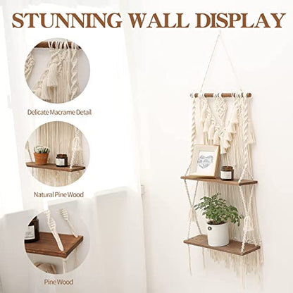 2-Tier Macrame Wall Hanging Shelf & Boho Decor, Wooden Floating Shelves - size: Large