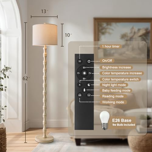 BOBOMOMO 62" Rustic Farmhouse Floor Lamp Antique White with Remote & Dimmable 9W Bulb, 3 Color Temperatures Resin Standing Lamp, Retro Tall Lamp for Living Room, Bedroom, Nursery, Office, Reading Nook - color: Rustic White