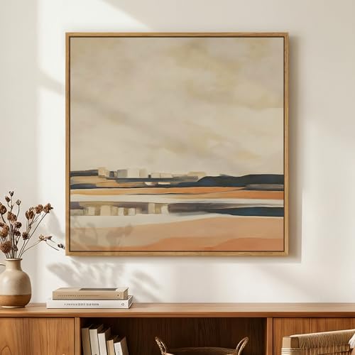 Framed Square Neutral Abstract Landscape Wall Art for Living Room, 24x24 In - color: Neutral, size: 24"L x 24"W