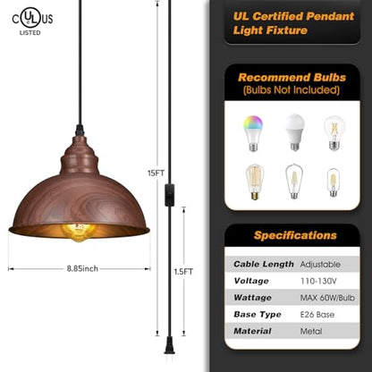 Plug in Pendant Light, 15FT Hanging Lights, On/Off Switch - color: Brown
