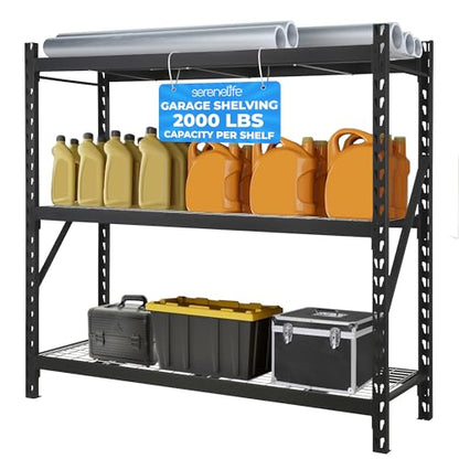 SereneLife Heavy Duty 3-Tier Metal Garage Shelving | 24" x 77" x 72" Extra Wide Adjustable Storage Utility | Freestanding Bulk Storage Rack | Open Wire Mesh Design | 2000 lbs. Capacity