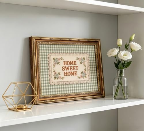 Gold Framed Home Sweet Home Wall Art,Embroidered Style Green Gingham Canvas - color: Home Sweet Home, size: 11"LX9"W