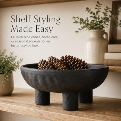 Black Concrete Decorative Bowl, 12 Inch Large Footed Bowl for Home Decor, Heavyweight Pedestal Bowl, Matte Black Centerpiece Bowl for Coffee Table, Shelf, Console, Entryway, Outdoor Styling