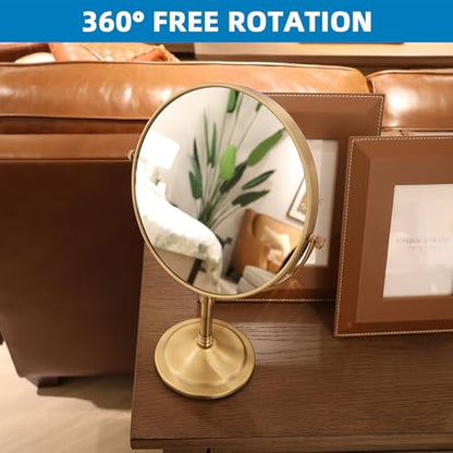 Antique Brass Makeup Mirror 1X/10X Free Standing 8 Inches 360 Swivel Dual-Sided Tabletop Makeup Mirror, Metal - color: Antique Brass Without Light