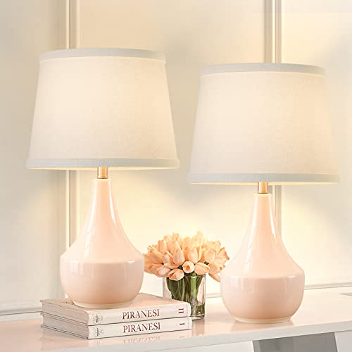 GyroVu 18" Table Lamp Set of 2, Ceramic Lamp Classic Beside Lamps Nightstand Lamp Modern Bedside Lamp for Living Room, Bedroom & Office Rocker Switch Pink-LED Bulbs Included - color: 18.63" Pink