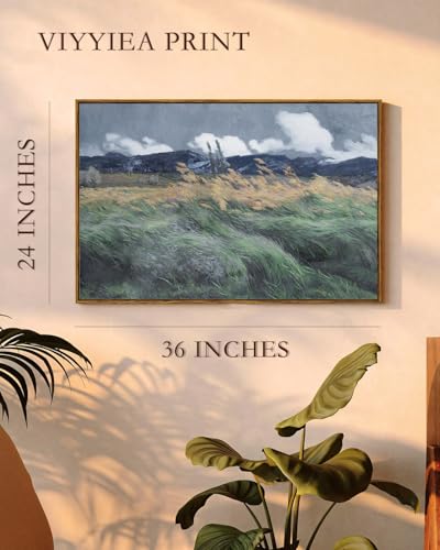 VIYYIEA Large Framed Canvas Wall Art, 24x36 Inch Moody Windy Field Landscape Painting, Nature-Inspired Wall Decor for Living Room or Bedroom, Above Sofa - color: Wind in the Grass, size: 36"L x 24"W