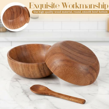 4 Pack Acacia Wooden Bowl with 4 Pcs Spoon 2.5 oz Wooden Dipping Bowls Round Wood Salad Hand Carved Calabash Dip Tray for Condiments, Jam, Nuts, Appetizer, Snack, Yogurt, Ketchup, Barbecue (3.9 Inch) - size: 3.9 Inch