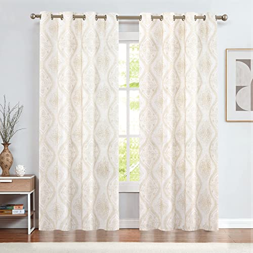 jinchan Boho Floral Linen Curtains 84 Inch Beige on Ecru Grommet 2 Panels - color: Damask Beige, size: 50"W x 84"L (Pack of 2)