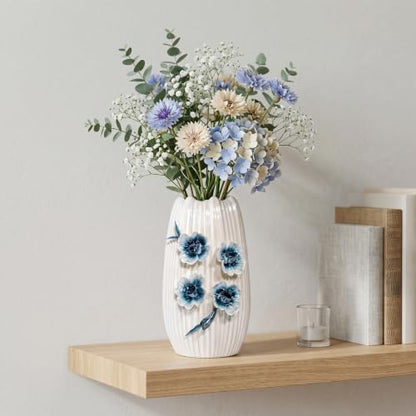 White Flower Vase, Boho Ceramic Vase for Living Room, 9 Inch - color: White and Dark Blue, size: 9 inch