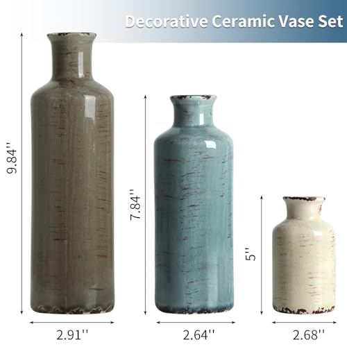 CUCUMI Ceramic Vases Set of 3, Rustic Vintage Vases Coastal Home Decor - color: 3pcs-a-morandi