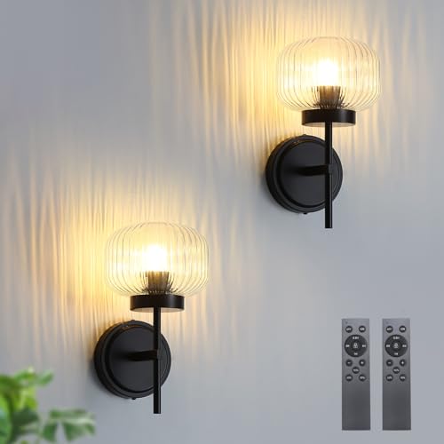 Battery Operated Wall Sconces Set of Two Rechargeable Battery Powered Gold Wall Light Fixtures with Remote Control Globe Glass Dimmable for Living Room Bedroom Mirror Hallway (2 Pack) - color: Black