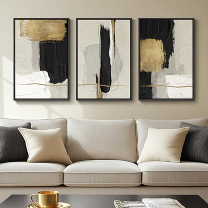 Framed Black and White Abstract Wall Art Set, 3 Piece Modern Canvas Prints - color: Block, size: 16" W x 24" H x 3Pcs