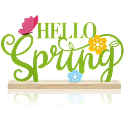 Roowest Metal Hello Spring Table Decor Sign with Wooden Base - style: Spring