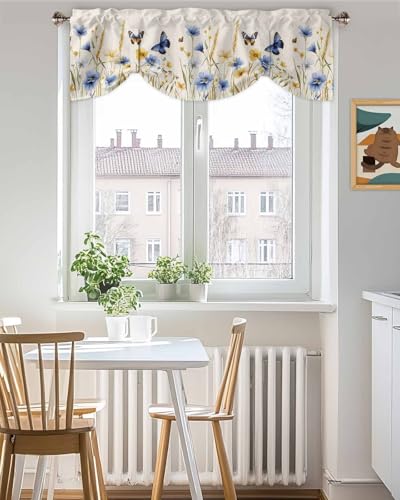 Butter-fly Leaves Tie Up Valance Curtain for Kitchen Living Room Bedroom Bathroom Cafe,Rod Pocket Short Window Drape Panel Adjustable Drapary Print,Elegant Fall Yellow Blue Yellow Daisy Beige 54"x18" - size: 54"W x 18"L (Pack of 1)