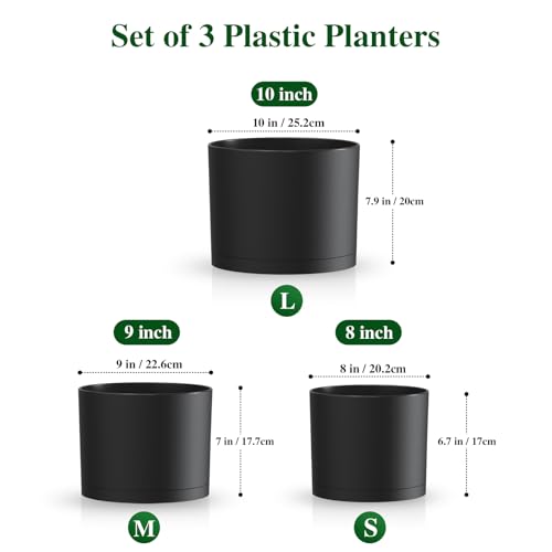 Plant Pots, 10/9/8 Inch 3 Pack Cylindrical Flower Pots with Drainage Holes and Saucers, Plastic Planters for Outdoor Indoor Plants,Black - color: Black