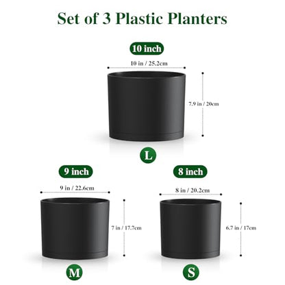 Plant Pots, 10/9/8 Inch 3 Pack Cylindrical Flower Pots with Drainage Holes and Saucers, Plastic Planters for Outdoor Indoor Plants,Black - color: Black