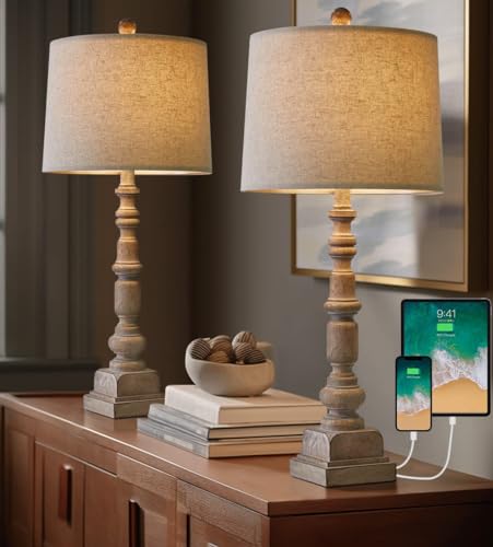 Oneach 27.75" Farmhouse Table Lamps Set of 2 for Living Room, Dual USB Port - color: Antique Beige