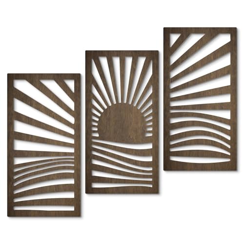 Putuo Decor 중세 목재 모던 벽 아트 3개 세트, 일출 풍경 벽 장식 자연에서 영감을 받은 기하학적 아트워크, 거실, 침실, 입구용, 다크 브라운 모던 벽 조각 - color: 선라이즈 웨이브