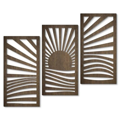 Putuo Decor 중세 목재 모던 벽 아트 3개 세트, 일출 풍경 벽 장식 자연에서 영감을 받은 기하학적 아트워크, 거실, 침실, 입구용, 다크 브라운 모던 벽 조각 - color: 선라이즈 웨이브