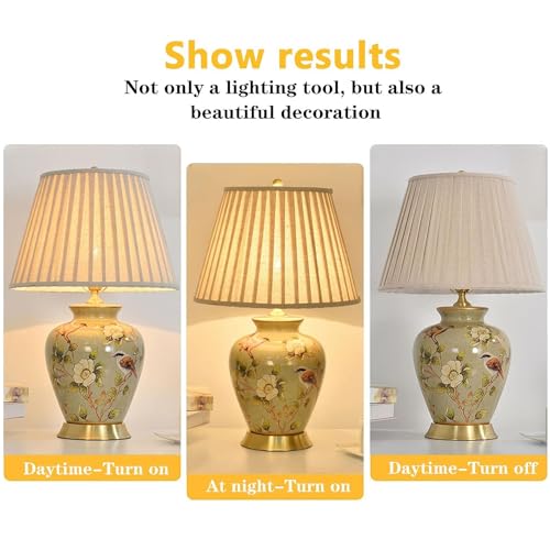 American Flower&Bird Ceramic Table Lamp, Hand-Painted Chinoiserie Lamps, Fabric Lampshade Nightstand Lamp for Bedroom Living Room Office College Bookcase