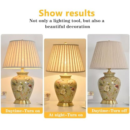 American Flower&Bird Ceramic Table Lamp, Hand-Painted Chinoiserie Lamps, Fabric Lampshade Nightstand Lamp for Bedroom Living Room Office College Bookcase